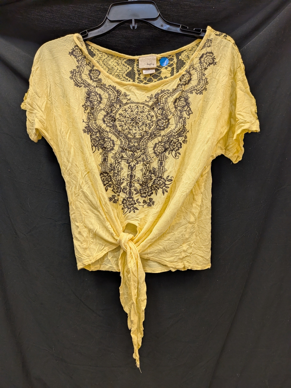 Daytrip Yellow Tie-Front Crop Top with Black Lace Print